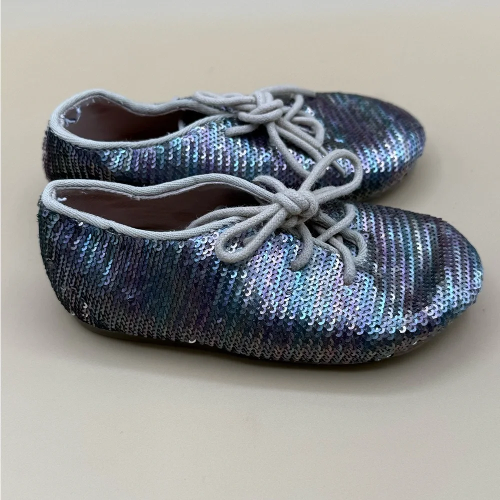 ZARA Baby Sequin Lace Up Shoes Size 23 Iridescent Sparkle Toddler Sneakers